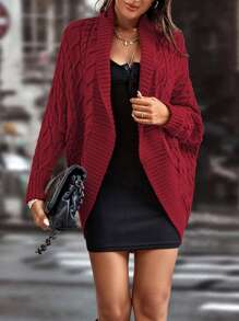 SHEIN LUNE Shawl Collar Cable Knit Batwing Sleeve Duster Cardigan - Burgundy - View 4