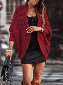 SHEIN LUNE Shawl Collar Cable Knit Batwing Sleeve Duster Cardigan - Burgundy - View 5