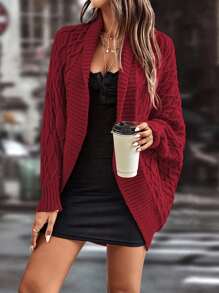 SHEIN LUNE Shawl Collar Cable Knit Batwing Sleeve Duster Cardigan - Burgundy - View 6