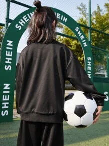 INAWLY Cậu bé Tween Đồ họa Chữ cái Thả vai Áo chui đầu - màu đen - Xem 2