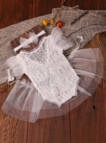 Newborn Photography Mesh Panel Lace Bodysuit & Headband - White - View 3