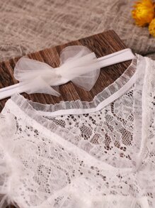 Newborn Photography Mesh Panel Lace Bodysuit & Headband - White - View 5