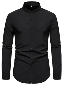 Manfinity Mode Áo sơ mi Nam Nút phía trước màu trơn Công việc - màu đen - Xem 1