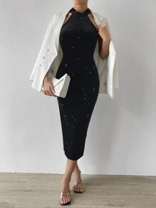 Zolique Split Thigh Halter Neck Bodycon Dress - Black - View 2