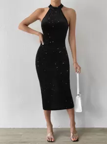 Zolique Split Thigh Halter Neck Bodycon Dress - Black - View 5