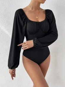 Almamuse Ruched Bust Lantern Sleeve Bodysuit Fall Cloth For Women - Black - View 1