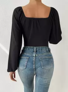 Almamuse Ruched Bust Lantern Sleeve Bodysuit Fall Cloth For Women - Black - View 2