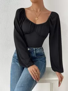 Almamuse Ruched Bust Lantern Sleeve Bodysuit Fall Cloth For Women - Black - View 4