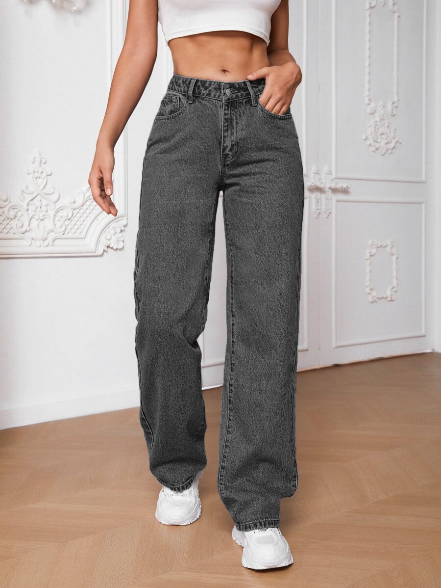 SHEIN Tall 斜口袋直筒牛仔褲 - 深灰色 - 查看 1