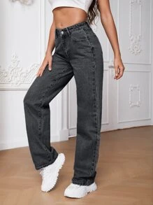 SHEIN Tall 斜口袋直筒牛仔褲 - 深灰色 - 查看 6