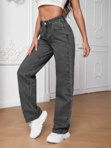 SHEIN Tall 斜口袋直筒牛仔褲 - 深灰色 - 查看 6