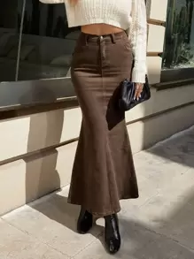 SHEIN Privé 高腰魚尾裙下擺牛仔半身裙 - 咖啡棕 - 查看 1