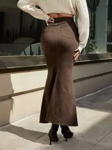 SHEIN Privé 高腰魚尾裙下擺牛仔半身裙 - 咖啡棕 - 查看 2