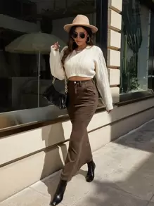 SHEIN Privé 高腰魚尾裙下擺牛仔半身裙 - 咖啡棕 - 查看 4