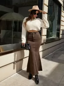 SHEIN Privé 高腰魚尾裙下擺牛仔半身裙 - 咖啡棕 - 查看 5