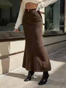 SHEIN Privé 高腰魚尾裙下擺牛仔半身裙 - 咖啡棕 - 查看 6