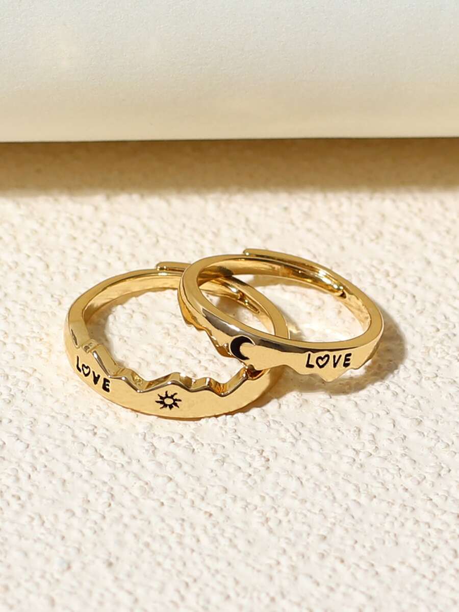 ATLVXJL 時尚流行男士銅質2入組情侶字母和太陽圖案戒指銅質朋克嘻哈風格適合珠寶禮物和時尚外觀 - 金黃色 - 查看 1