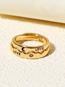 ATLVXJL 時尚流行男士銅質2入組情侶字母和太陽圖案戒指銅質朋克嘻哈風格適合珠寶禮物和時尚外觀 - 金黃色 - 查看 2