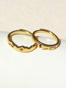 ATLVXJL 時尚流行男士銅質2入組情侶字母和太陽圖案戒指銅質朋克嘻哈風格適合珠寶禮物和時尚外觀 - 金黃色 - 查看 4