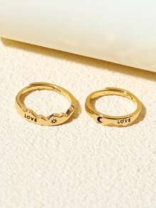 ATLVXJL 時尚流行男士銅質2入組情侶字母和太陽圖案戒指銅質朋克嘻哈風格適合珠寶禮物和時尚外觀 - 金黃色 - 查看 6