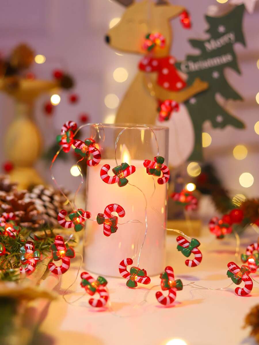 1pc Christmas Home Decoration Cane LED Copper Wire Light String, Christmas Tree Decoration, Indoor Room Bedroom Wall Decoration, Battery Powered, Holiday Party Decoration Candy Stick Light, Christmas Decoration Light String, Mini Cane Decor Light - Yellow - View 1