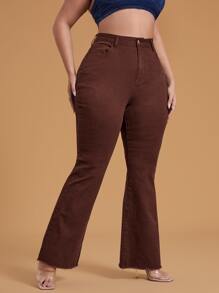 SHEIN Essnce Quần Denim kích thước lớn Nút Túi Hem thô Dây kéo màu trơn - Cà phê nâu - Xem 3