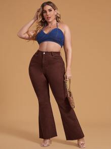 SHEIN Essnce Quần Denim kích thước lớn Nút Túi Hem thô Dây kéo màu trơn - Cà phê nâu - Xem 4