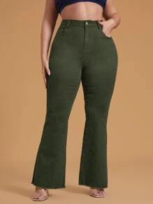 SHEIN Essnce Plus High Waist Raw Cut Flare Leg Jeans - Army Green - View 1