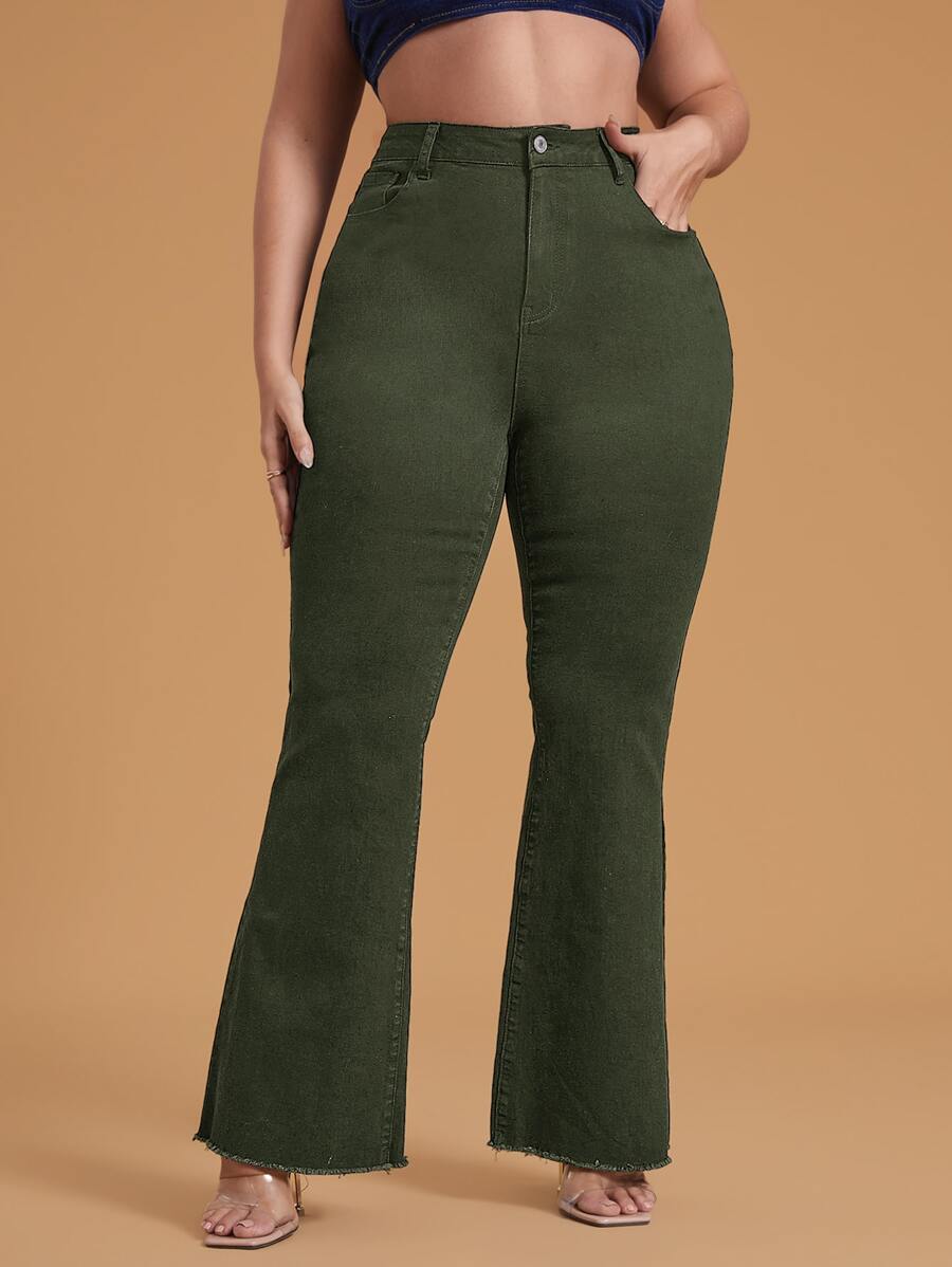 SHEIN Essnce Plus High Waist Raw Cut Flare Leg Jeans - Army Green - View 1