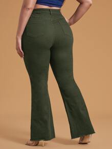 SHEIN Essnce Plus High Waist Raw Cut Flare Leg Jeans - Army Green - View 2