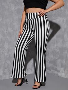 SHEIN Clasi Plus Striped Print Flare Leg Pants - Black and White - View 1