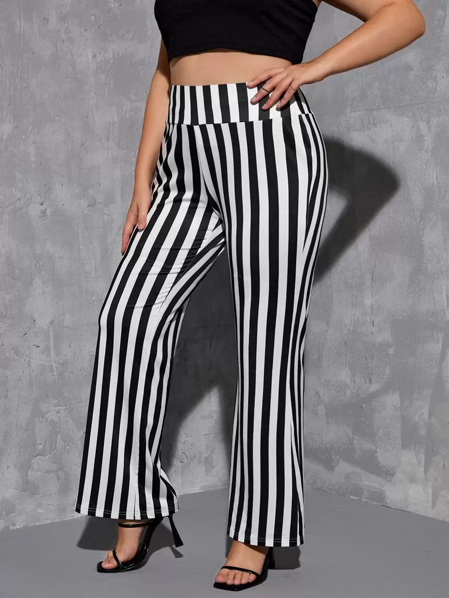 SHEIN Clasi Plus Striped Print Flare Leg Pants - Black and White - View 1