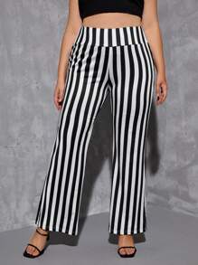 SHEIN Clasi Plus Striped Print Flare Leg Pants - Black and White - View 3