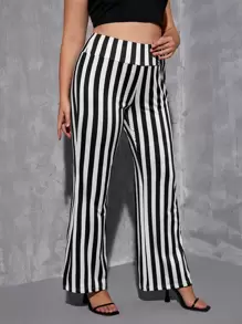 SHEIN Clasi Plus Striped Print Flare Leg Pants - Black and White - View 5