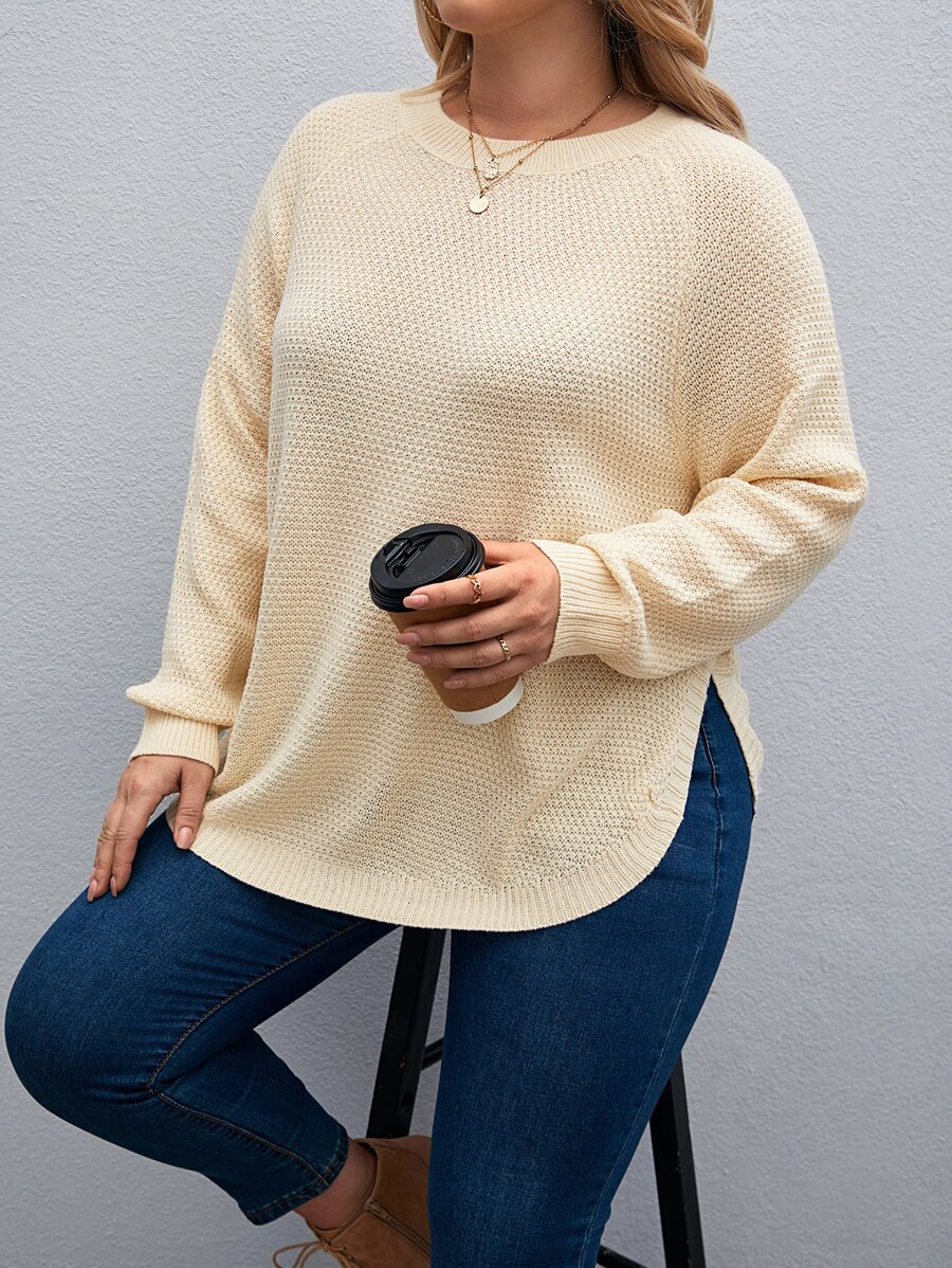 SHEIN LUNE Plus Raglan Sleeve Curved Hem Jumper - Yellow - View 1