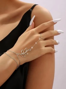 Pulsera con dedo con diseño de hoja - Plateado - Ver 1