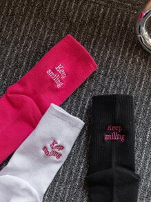 3雙標語繡花中筒襪 - 彩色 - 查看 3