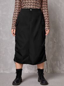 SHEIN LUNE Plus Drawstring Side Skirt - Black - View 1