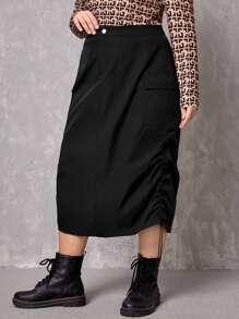 SHEIN LUNE Plus Drawstring Side Skirt - Black - View 3
