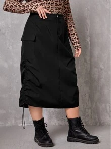 SHEIN LUNE Plus Drawstring Side Skirt - Black - View 5
