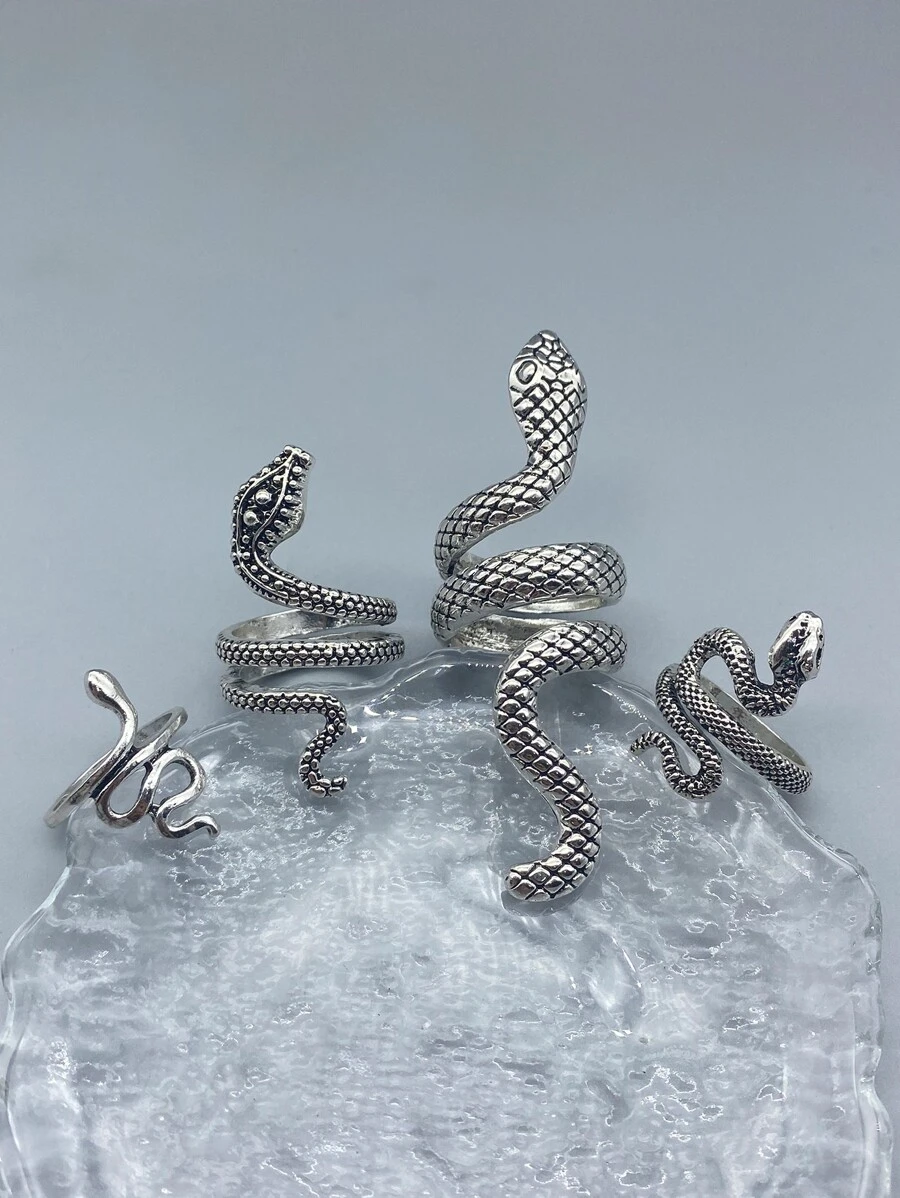 Thời trang và phổ biến 4 chiếc nhẫn nam thiết kế hình con rắn bọc hợp kim cho món quà trang sức và cho một vẻ ngoài sành điệu - Bạc - Xem 1