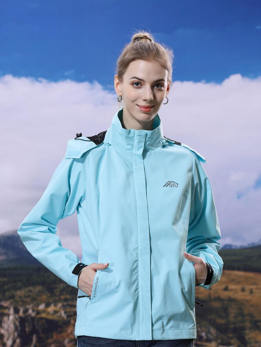 Graphic Print Zip Up Hooded Windbreaker Jacket - Mint Blue - View 1