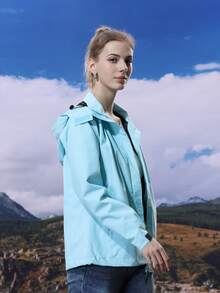Graphic Print Zip Up Hooded Windbreaker Jacket - Mint Blue - View 3