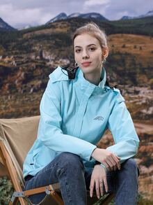 Graphic Print Zip Up Hooded Windbreaker Jacket - Mint Blue - View 6