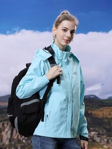 Graphic Print Zip Up Hooded Windbreaker Jacket - Mint Blue - View 7