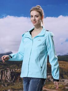 Graphic Print Zip Up Hooded Windbreaker Jacket - Mint Blue - View 8