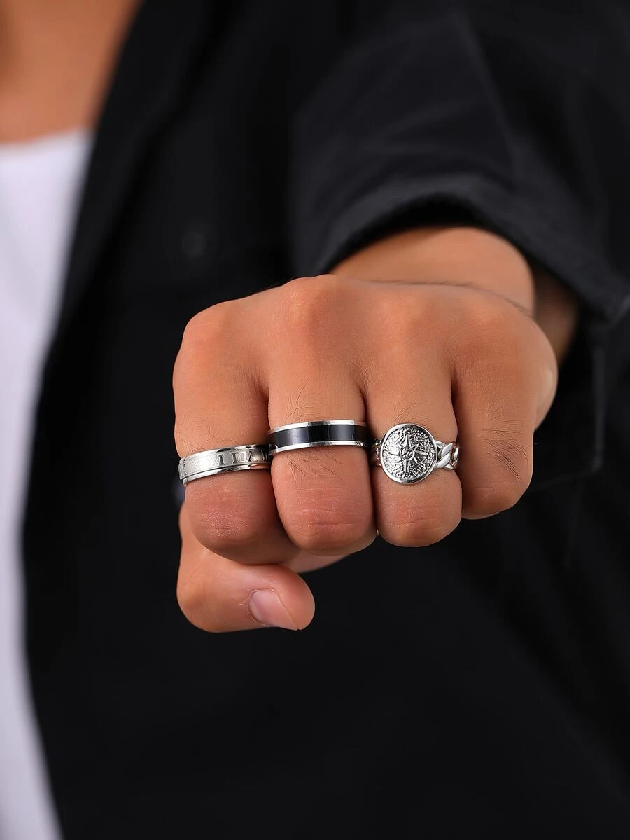 Fashionable And Popular 3pcs Men Star Detail Round Decor Ring Stainless Steel For Jewelry Gift And For A Stylish Look - Multicolor - View 1