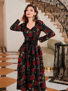 Modelyn Đầm Thắt lưng phân lớp Hoa Thanh lịch - màu đen - Xem 5