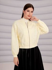 Seusyu Drop Shoulder Zip Up Floral Jacquard Bomber Jacket - Beige - View 1