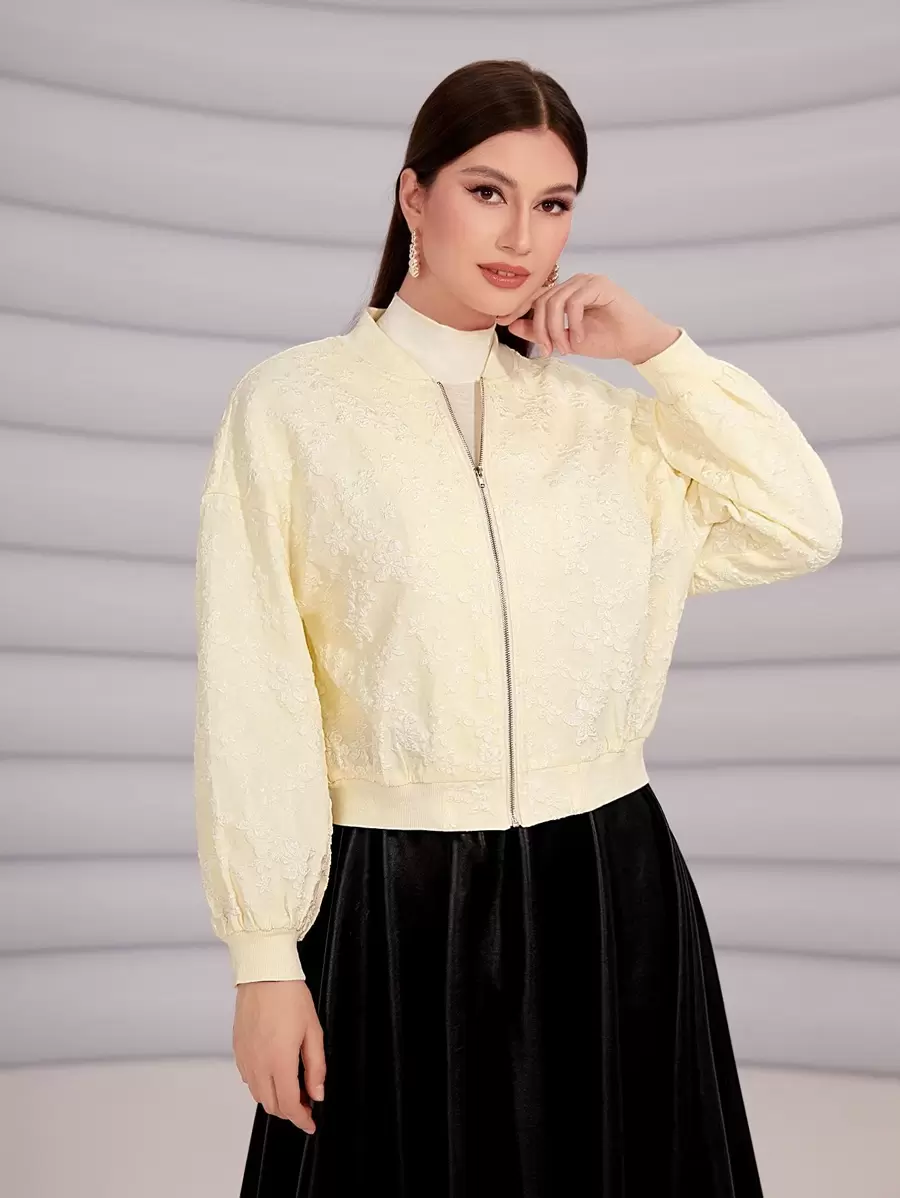 Seusyu Drop Shoulder Zip Up Floral Jacquard Bomber Jacket - Beige - View 1